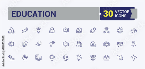 Education icons set. Contains such icons as university, development, science, process, goal, grow, on and more. Thin outline icons pack. Editable vector stroke.