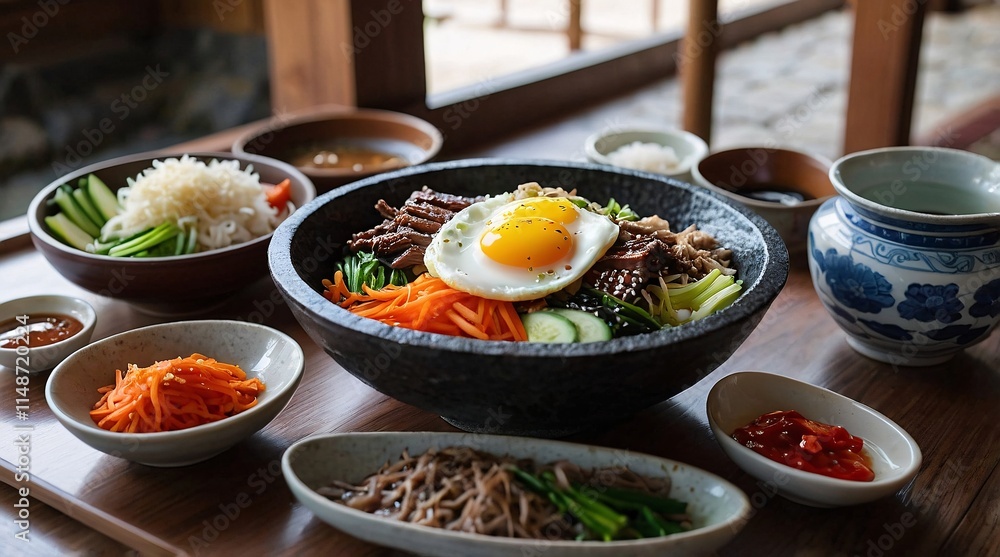 Delicious bibimbap served in a traditional Hanok courtyard surrounded by colorful side dishes and a serene atmosphere Delicious bibimbap served in a traditional Hanok courtyard surrounded by colorful side dishes and a serene atmosphere