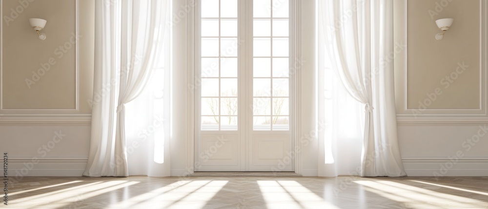 Fototapeta premium Sunlit Elegance: A Serene Interior with French Doors and Sheer Curtains