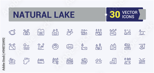 Set of Natural Lake line icons. Includes thin line park, country, road, plant, mill, farm, lake and more. Icons for UI. Editable stroke. Vector illustration.