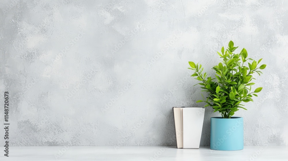 Small potted plant and books against a textured grey wall. Small potted plant and books against a textured grey wall.