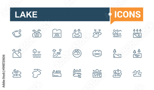 Lake icon set. Containing hill, rest, tree, sea, desert, park, house and more. Minimal linear icons. Editable stroke.