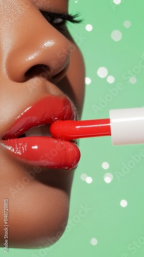 Close-up of Glossy Red Lip Balm Application on Black Womans Lips with Light Green Snowflake Background photo