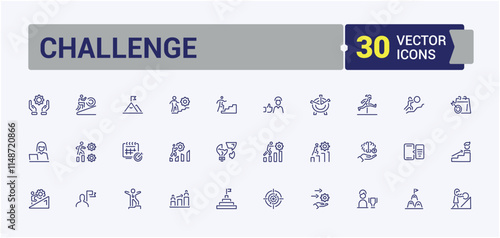 Challenge icon set. It contains symbols to win, motivation, business, person, hand, challenge, success, skill. Minimal linear icons. Editable stroke. Vector illustration.