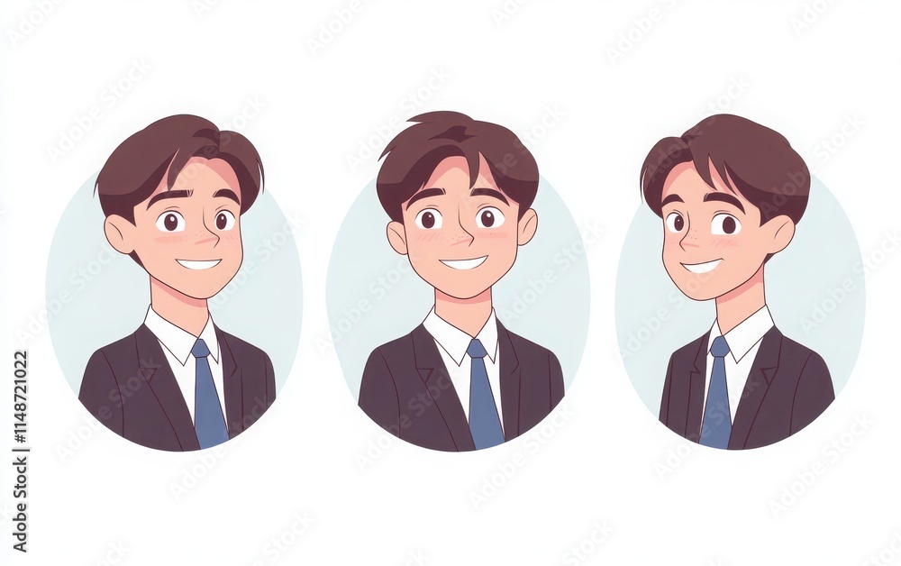 Simple vector icons of a high school boy student in a suit and tie, smiling happily. The front and side views are set against pastel-colored round backgrounds with white borders, with no outlines. 