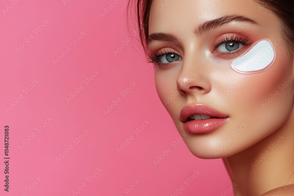 Attractive woman with flawless skin and hydrogel eye patches against a pink backdrop Skincare theme Attractive woman with flawless skin and hydrogel eye patches against a pink backdrop Skincare theme