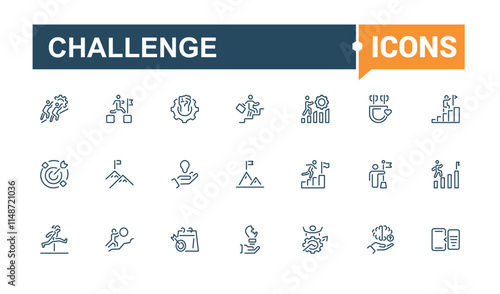 Challenge icons set in linear style. Containing skill, challenge, strategy, work, man, win, achieve, hand. Simple icon designs. Vector outline icons collection.