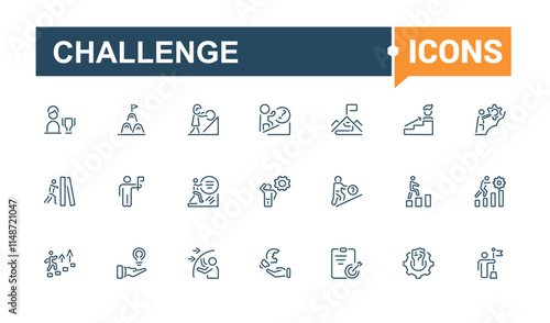 Challenge icons set in linear style. Containing skill, challenge, strategy, work, man, win, achieve, hand. Simple icon designs. Vector outline icons collection.