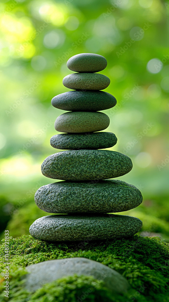Zen stack of stones on a tranquil surface with blurred natural background symbolizing balance harmony nature healing and wellness evoking calmness mindfulness and the connection between stillness and 
