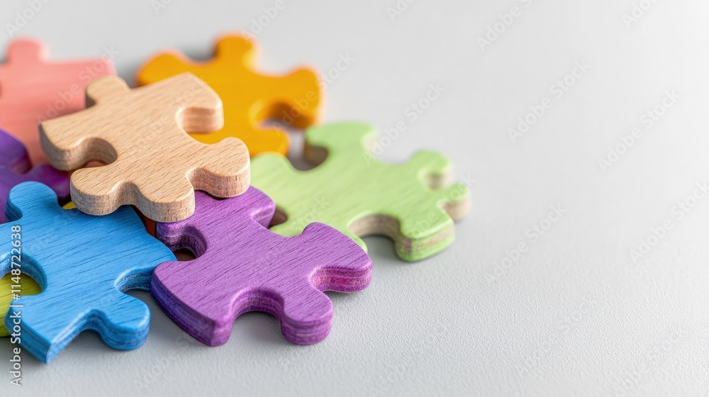 Fototapeta premium Colorful jigsaw puzzle pieces on a gray background.