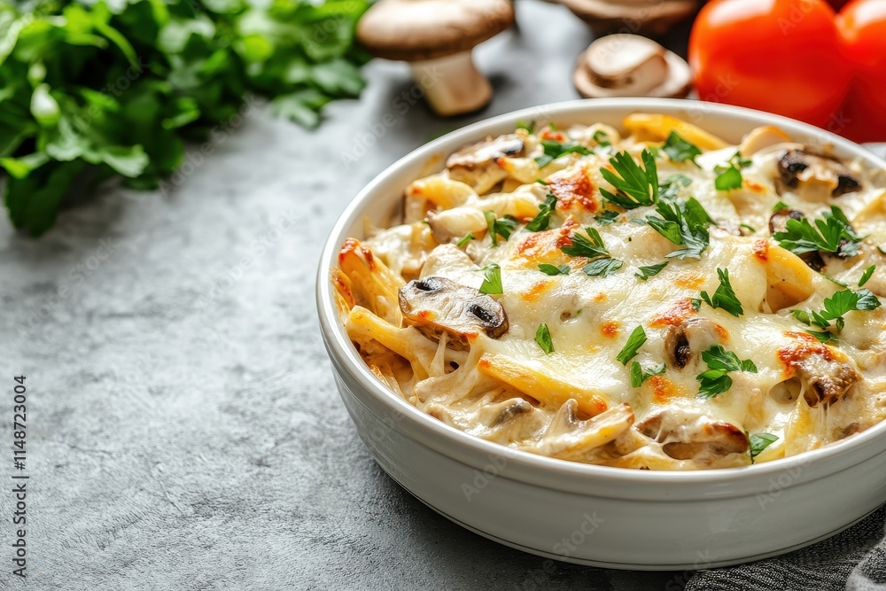 Baked chicken and mushrooms in creamy cheese sauce on gray concrete with selective focus Baked chicken and mushrooms in creamy cheese sauce on gray concrete with selective focus