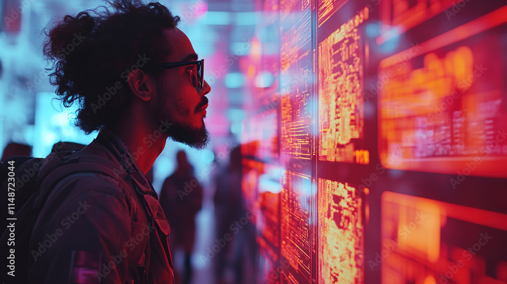 Obraz premium Man observes digital data display in a vibrant, illuminated tech environment during an evening event