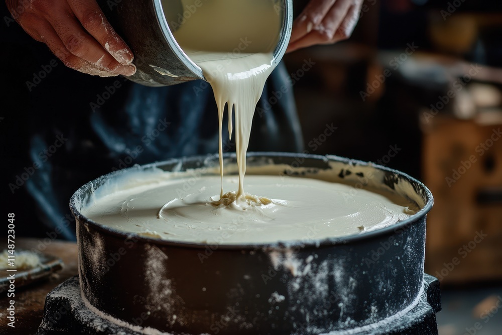 Baker transferring batter into a lined cake pan for cheesecake Baker transferring batter into a lined cake pan for cheesecake