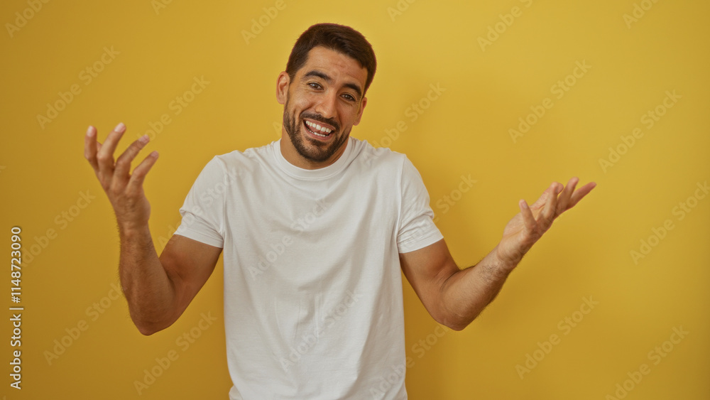 Young hispanic man with beard smiling warmly over isolated yellow background in casual white shirt expressive and attractive Young hispanic man with beard smiling warmly over isolated yellow background in casual white shirt expressive and attractive