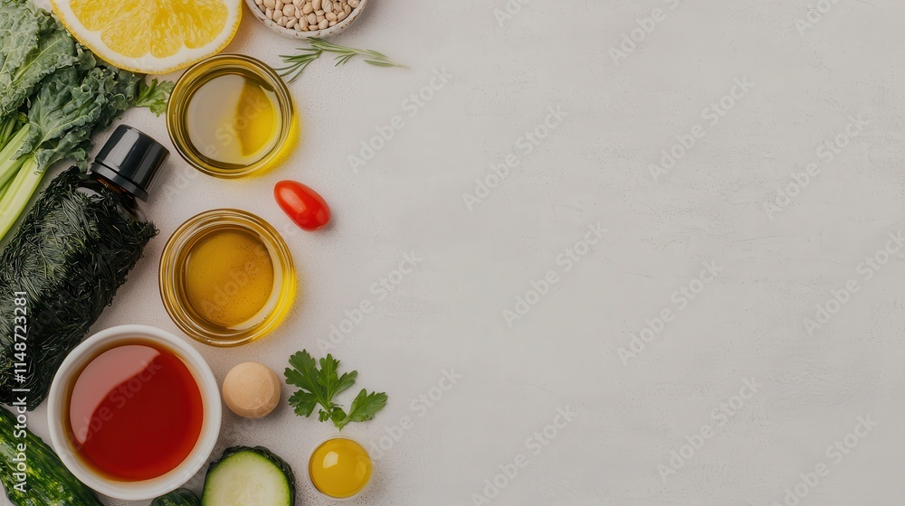 Seaweed is a nutritious superfood. Fresh ingredients and oils arranged on a light surface. Seaweed is a nutritious superfood. Fresh ingredients and oils arranged on a light surface.
