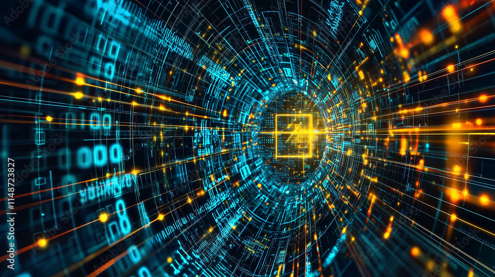 Fototapeta premium Abstract digital tunnel with glowing lines and numbers..