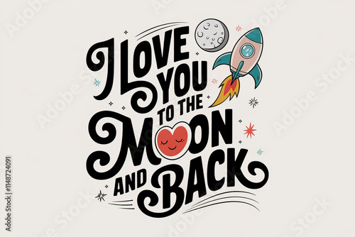 Hand-lettered quote I love you to the moon and back with rocket and moon..