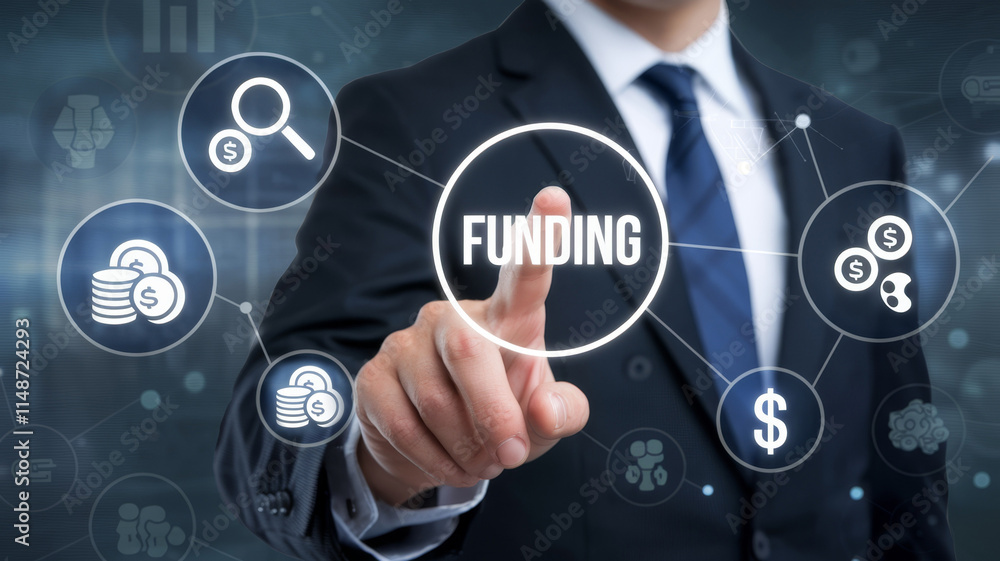 Businessperson touches interactive screen displaying funding options and financial icons.. Businessperson touches interactive screen displaying funding options and financial icons..