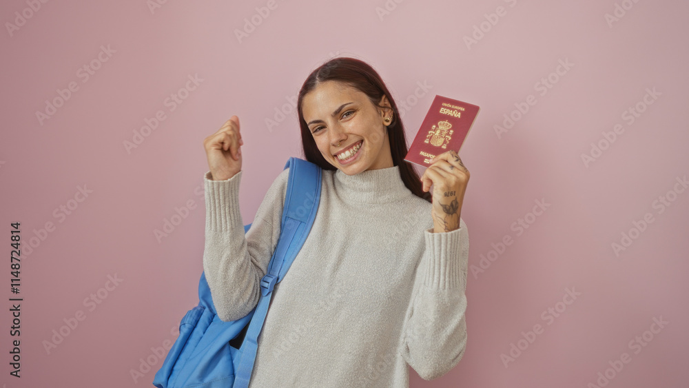Woman holding spanish passport with blue backpack against isolated pink background, smiling happily