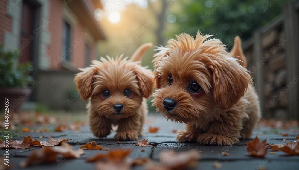 Illustration of cute cartoon puppies playing outdoors in autumn, joyful scene Illustration of cute cartoon puppies playing outdoors in autumn, joyful scene