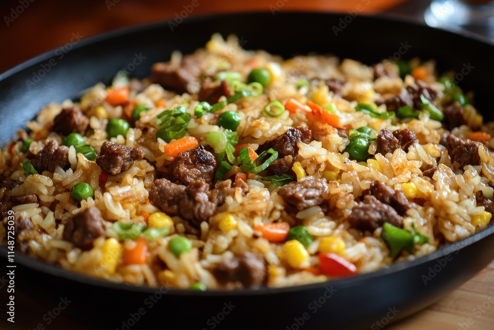 Beef fried rice is a pan fried rice dish flavored with spices and beef Beef fried rice is a pan fried rice dish flavored with spices and beef