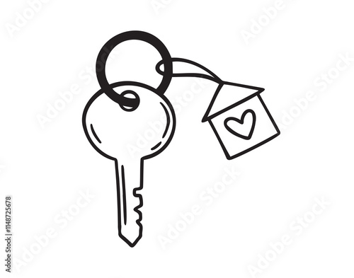 house key with heart doodle hand drawn icon. Outline drawing home key line clipart symbol