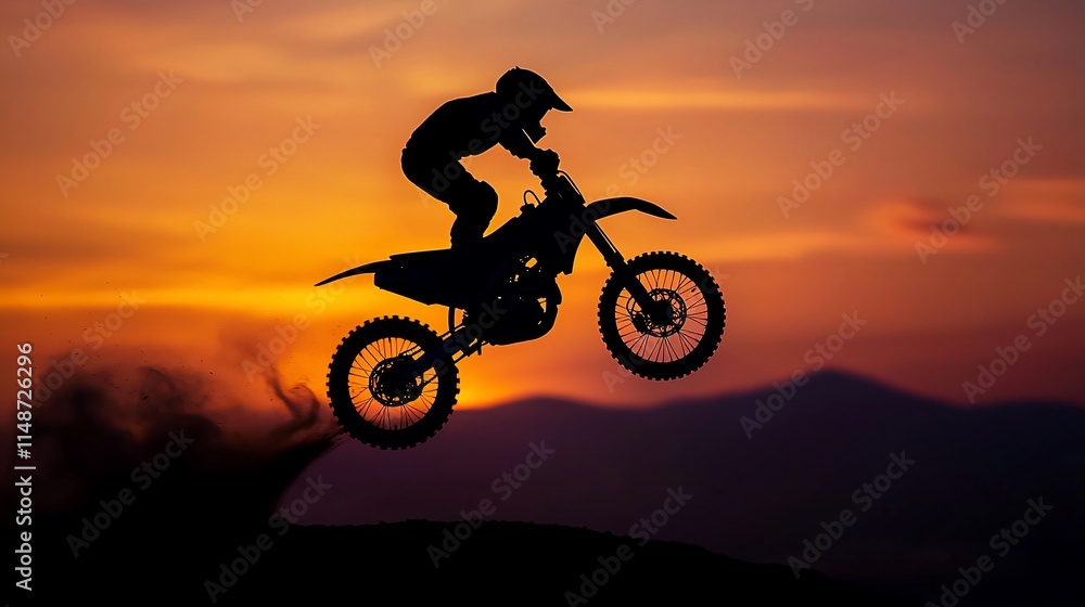 Fototapeta premium Motocross rider silhouetted against sunset.