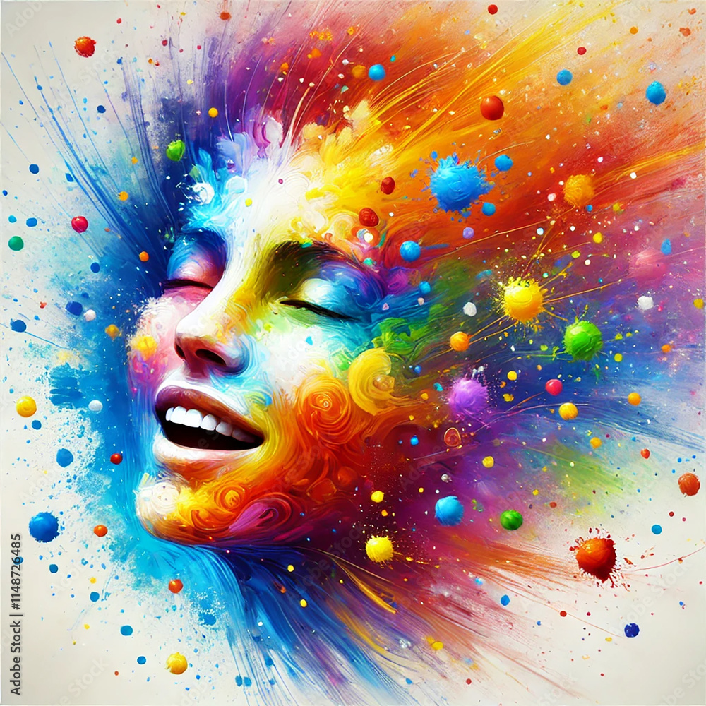 AI image - Colorful and cheerful artistic depiction of a face with rainbow-colored paint splatters. AI image - Colorful and cheerful artistic depiction of a face with rainbow-colored paint splatters.