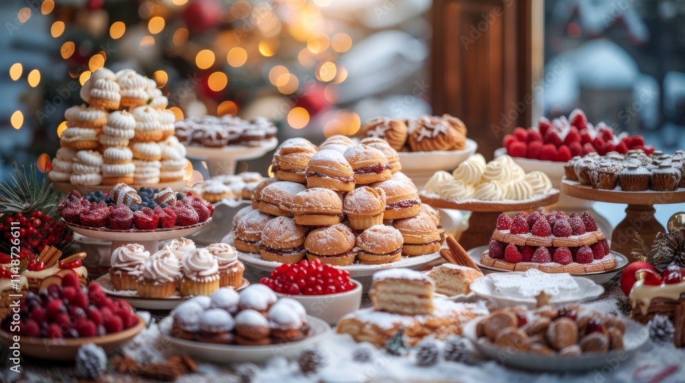 Fototapeta premium Winter season. Winter dessert table. Christmas table background