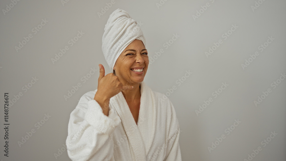 Woman smiling in bathrobe with towel on head making phone gesture on white background Woman smiling in bathrobe with towel on head making phone gesture on white background