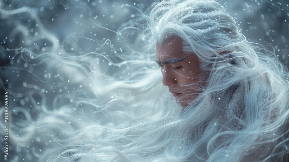 Winter season. A portrait of young man with long white hair and white kimono on flowing ice background, fantasy or magic concept . A whimsical winter wonderland Winter season. A portrait of young man with long white hair and white kimono on flowing ice background, fantasy or magic concept . A whimsical winter wonderland