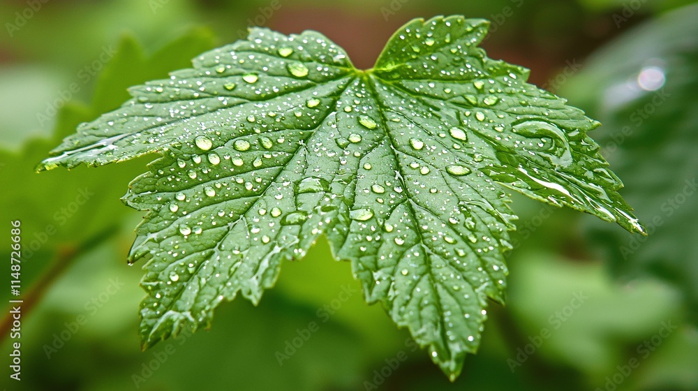 rain collection water droplets on leaf with blurred background subject shows water droplets collected on the surface of a leaf, with the droplets sparkling in the rain and a soft, blurred background