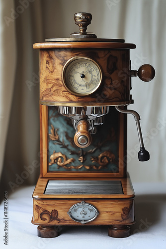  Machine à Café Manuelle Vintage en Laiton et Bois avec Manivelle à l'Ancienne, Détails Complexes, Aspect Usé et Élégant, Photographiée sur Fond Blanc photo