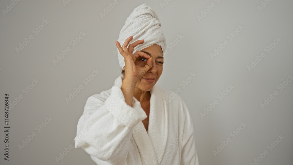 Mature hispanic woman in white bathrobe and towel turban making an ok sign with her hand over a white background Mature hispanic woman in white bathrobe and towel turban making an ok sign with her hand over a white background