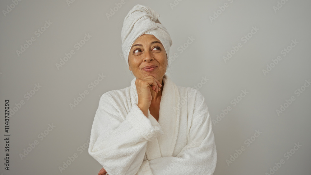 Middle-aged beautiful woman with brunette hair in a white robe and towel, isolated against a white background, smiling thoughtfully Middle-aged beautiful woman with brunette hair in a white robe and towel, isolated against a white background, smiling thoughtfully