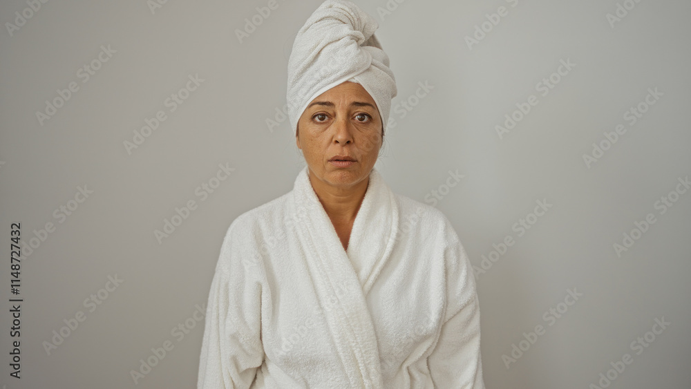 Middle-aged beautiful hispanic woman in a white bathrobe with towel on head over isolated white background Middle-aged beautiful hispanic woman in a white bathrobe with towel on head over isolated white background