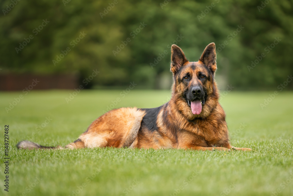German Shepherd Dog on Windsor Long Walk laying down looking at the camera