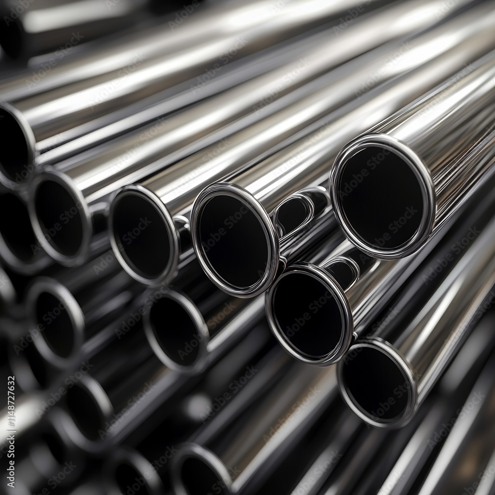 Close-up of shiny metal pipes stacked together. Close-up of shiny metal pipes stacked together.