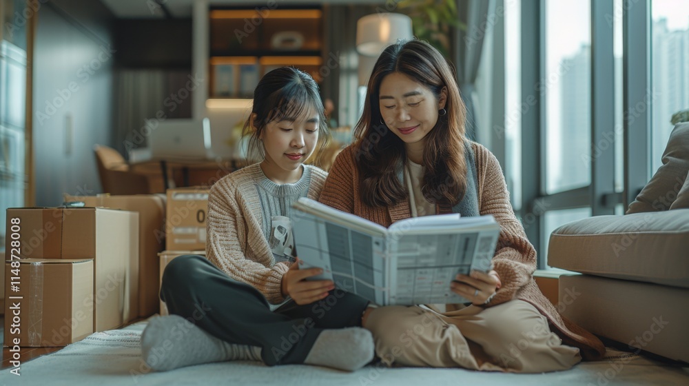 Moving. Asian mother and daughter sitting on the floor in their new apartment, surrounded by moving boxes, reading from an laptop together. The room has modern furniture Moving. Asian mother and daughter sitting on the floor in their new apartment, surrounded by moving boxes, reading from an laptop together. The room has modern furniture