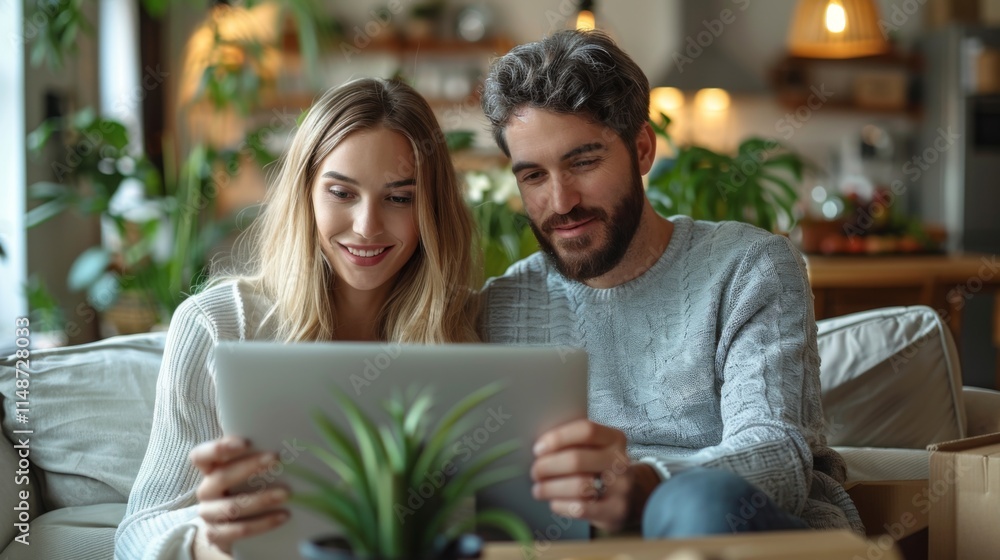 Moving. Young couple moving in new apartment, sitting on sofa with laptop surrounded by cardboard boxes and plants while using online shopping app at home Moving. Young couple moving in new apartment, sitting on sofa with laptop surrounded by cardboard boxes and plants while using online shopping app at home