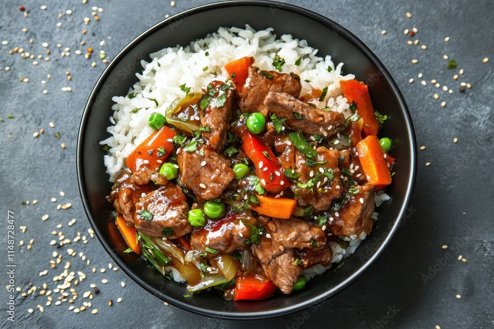 Black bowl of beef and vegetable stir fry with white rice on a grey backdrop viewed from above Black bowl of beef and vegetable stir fry with white rice on a grey backdrop viewed from above