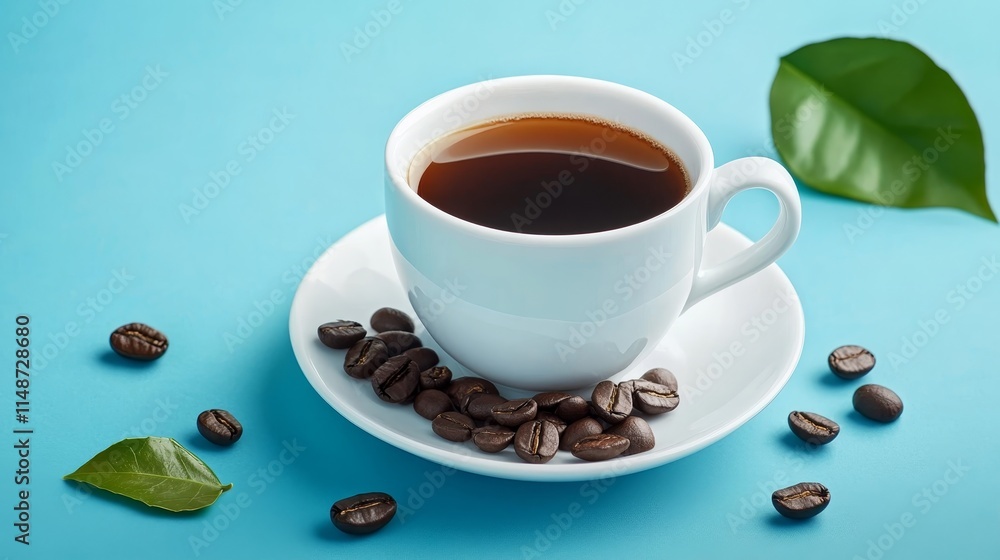 A cup of coffee with beans and leaves on a blue background, highlighting a beverage experience. A cup of coffee with beans and leaves on a blue background, highlighting a beverage experience.