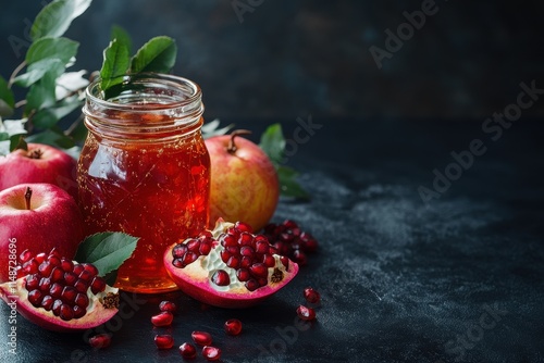 Black table with honey pomegranate and apples for Rosh Hashanah photo