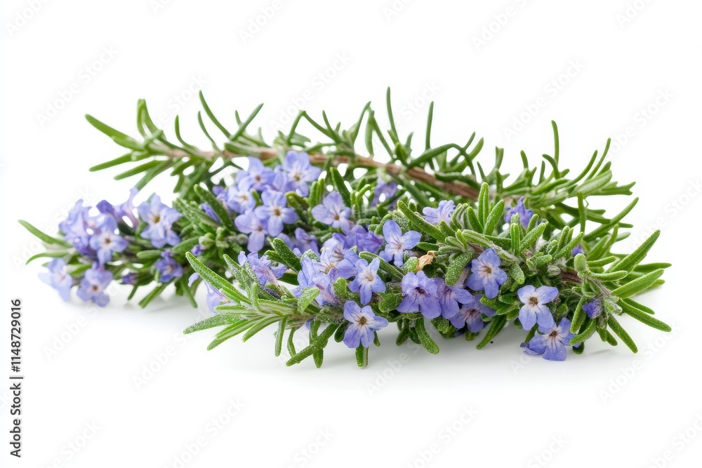 Blooming rosemary sprig on white backdrop Fragrant perennial plant Blooming rosemary sprig on white backdrop Fragrant perennial plant