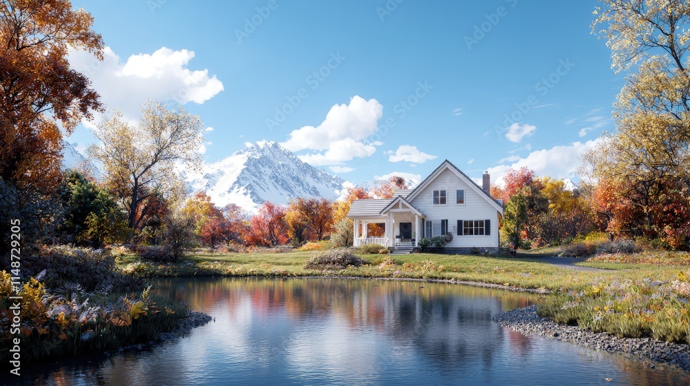 Autumnal landscape with a white house, pond, and snowy mountains in the background. Autumnal landscape with a white house, pond, and snowy mountains in the background.