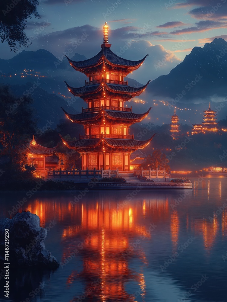 Obraz premium Traditional Chinese temple complex by lake at night. Illuminated pagoda, pavilions reflect on calm water. Mountains rise behind. Scenic view of Asian architecture. Cultural landmark. Peaceful serene