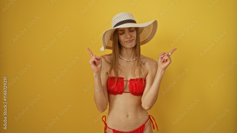Beautiful young woman in red bikini with blonde hair and sun hat pointing with fingers on an isolated yellow background Beautiful young woman in red bikini with blonde hair and sun hat pointing with fingers on an isolated yellow background