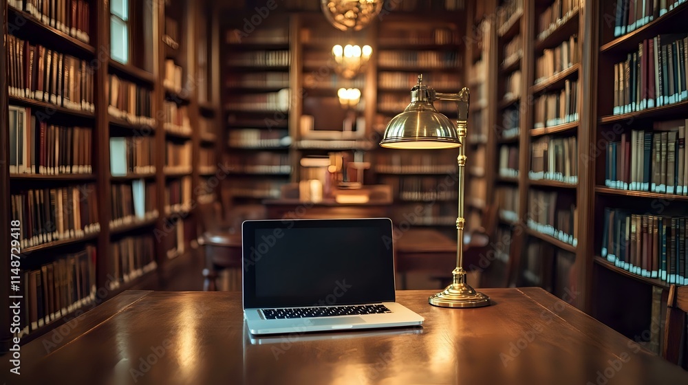 A laptop on a polished wooden library table surrounded by tall bookshelves and antique reading lamps A laptop on a polished wooden library table surrounded by tall bookshelves and antique reading lamps
