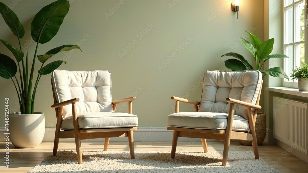 Nursery Chairs, Cozy Atmosphere, Botanical Decor, AI Photography Nursery Chairs, Cozy Atmosphere, Botanical Decor, AI Photography