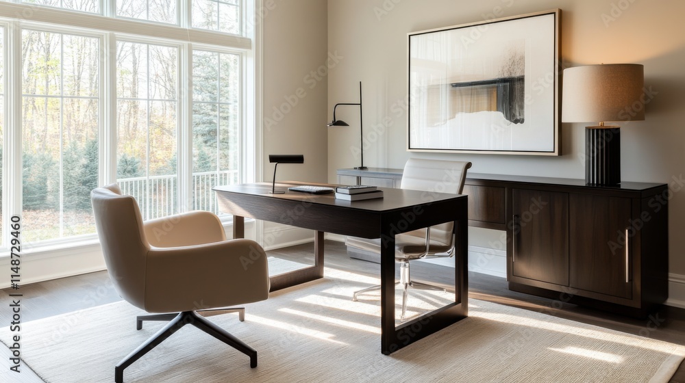 Fototapeta premium Modern minimalist home office with clean, sleek design. Featuring neutral tones and stylish furnishings